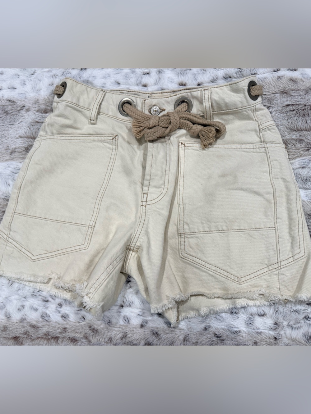 We The Free High-Waist Ivory Frayed Hem Shorts with Rope Belt